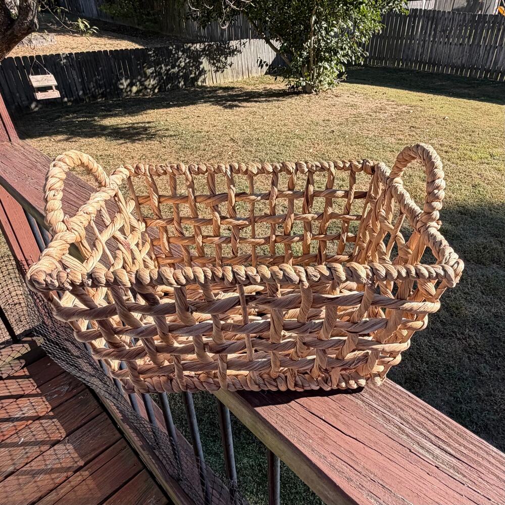 Small Water Hyacinth Open Checkered Weave Storage Basket Bin Woven Boho
